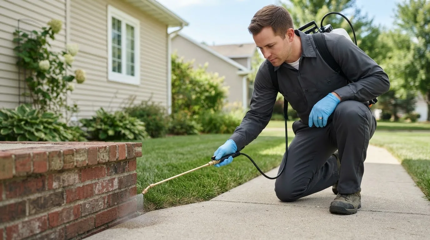 Pest control technician treating a home near Harvard, IL