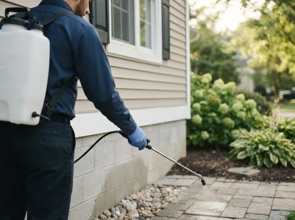 Pest control technician inspecting a home in Harvard, IL